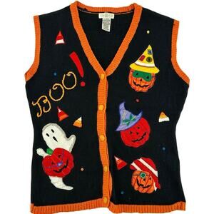 VTG 90s Women's Black Embroidered Yarnworks Halloween BOO Knit Sweater Vest Sz L